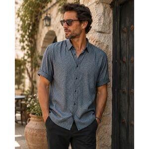 John Varvatos Mens Cotton Polka Dot Chambray Button Down Shirt‎ XL Short Sleeve